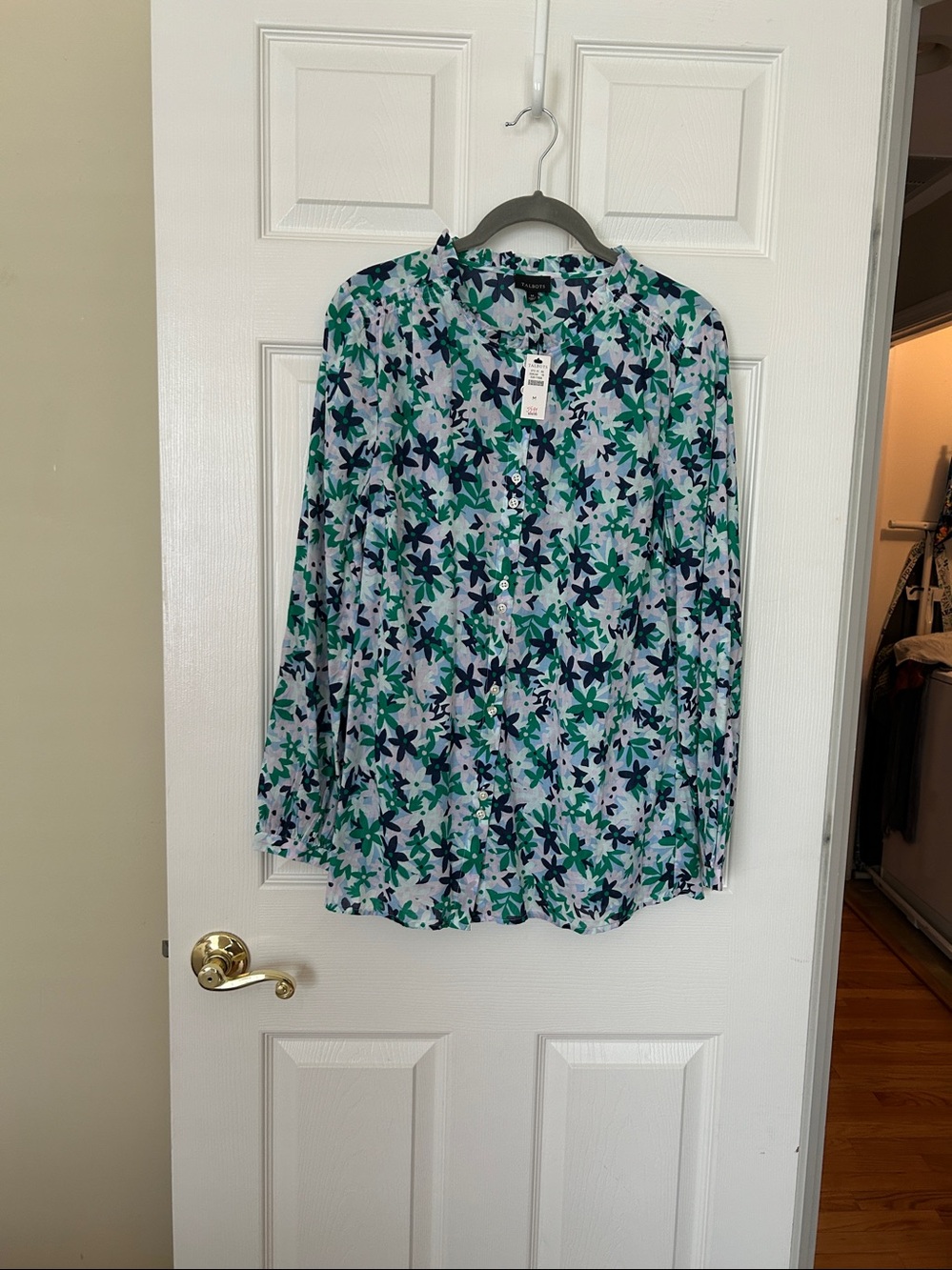 Talbots NWT Floral Cotton Ruffle Neck Blouse Medium Cottagecore